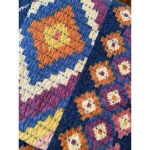 Hand-Stitched Geometric Patterned King Bedspread In Vibrant Blue Yellow Orange &